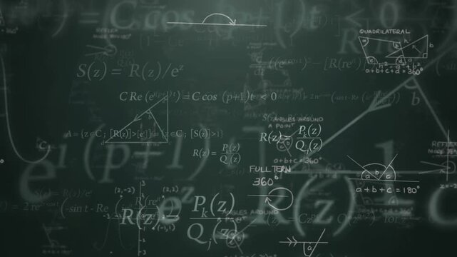 Complex mathematical equations, geometry, and physics formulas floating on a dark background. Represents higher education, advanced scientific research, quantum mechanics, and complex calculus.