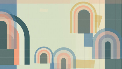 Fototapeta premium Abstract geometric rainbow arches and soft blocks create a calm, modern design mood, ideal for branding, web headers, and creative layouts on a pastel background with copy space.