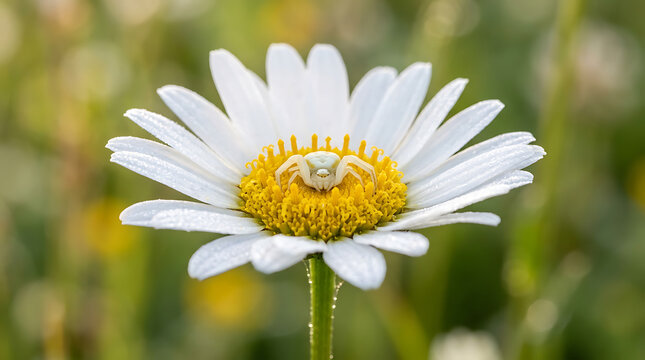 Tiny white crab spider hiding in the center of a blooming daisy flower in a natural garden setting