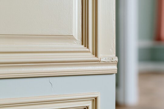 Detailed wood architrave and panel molding in an old home featuring cream and pale blue paint for architectural restoration and interior design