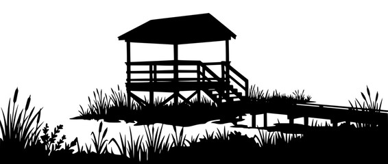 Fototapeta premium Black silhouette of a wooden observation deck and pier on a marsh