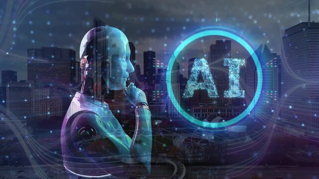 Glowing AI text and humanoid robot profile overlaying a modern city skyline at night with digital network nodes, symbolizing smart city technology and future artificial intelligence conce