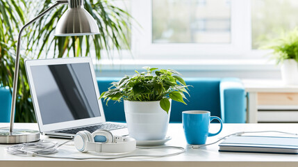 Fototapeta premium Modern workspace featuring a laptop, headphones, potted plant, blue mug, and notebook on a desk with a stylish lamp and bright window backdrop