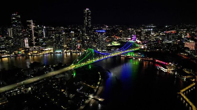 Aerial view of Brisbane city and Story bridge at night