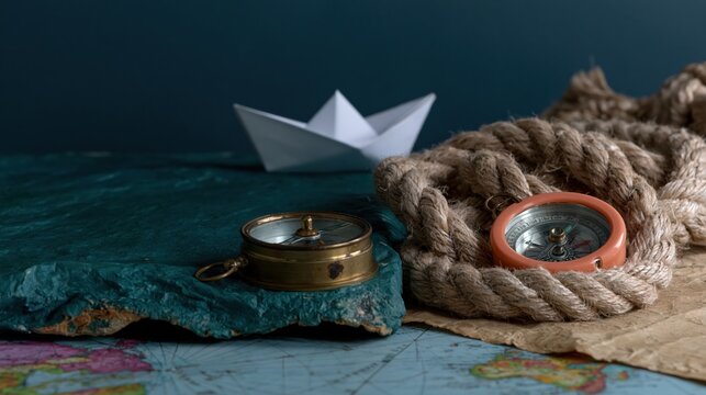 Two vintage compasses and a thick coiled rope on a weathered map with a paper boat for travel and discovery concepts