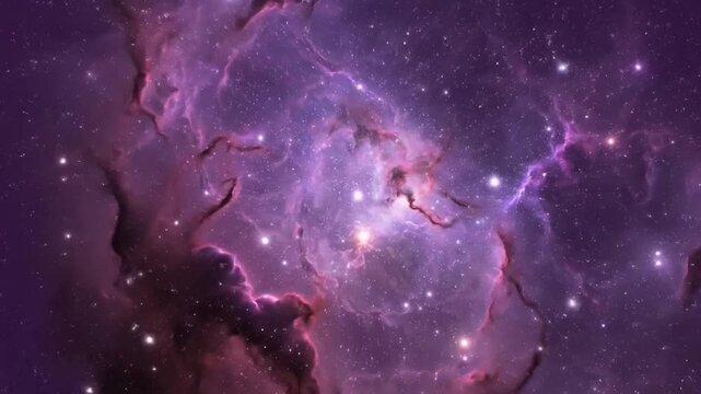 Deep space nebula with glowing purple gas and bright stars.