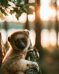 Fototapeta premium Adorable diademed sifaka lemur voi plush silky fur clinging to a tree in a lush forest during for wildlife conservation and nature education
