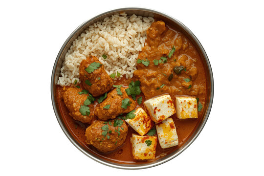 Indian dinner meal showcasing paneer curry, kofta meatballs, and rice in a bowl, with a transparent background