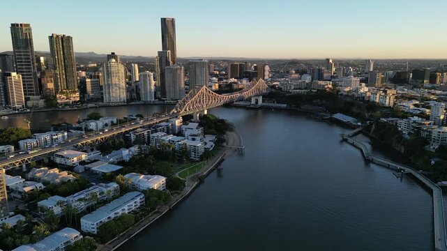 Sunset aerial view of Brisbane city and the Brisbane River