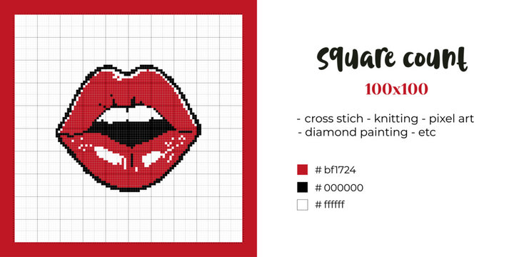 Stylish red lips pixel art pattern on a 100&times;100 grid. Perfect for fashion-inspired cross stitch and pixel art creations.