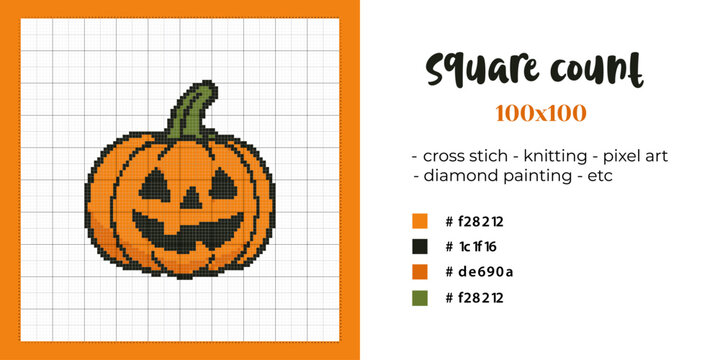 Jack-o'-lantern pumpkin pixel art pattern on a 100&times;100 grid. Great for Halloween themed crafting and embroidery projects.