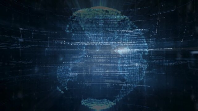 Holographic Earth globe constructed from binary code and digital data streams over a dark blue technological background.