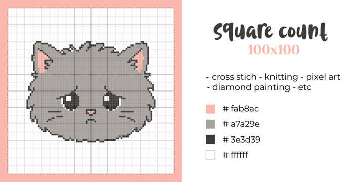 Cute sad British Shorthair cat pixel art pattern on a 100&times;100 grid for cross stitch, knitting and diamond painting projects.