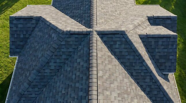 An aerial view of a residential roof featuring high-quality dark grey asphalt shingle roof with ridge cap installation in a modern suburban home setting.