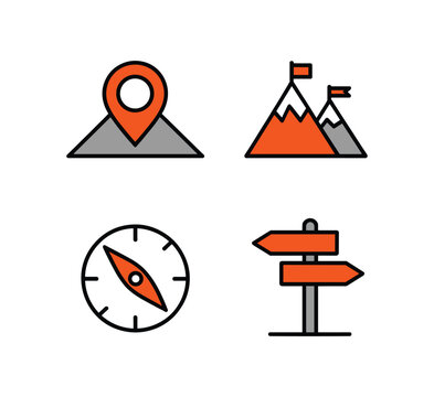 Travel Iconography. A collection of four minimalist icons representing key elements of travel and exploration: a location pin on a mountain, two mountain peaks with flags, a compass.