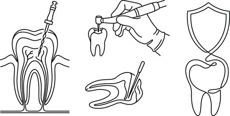 Obraz premium Dental Clinic Care Vector Set Featuring Root Canal Endodontic Therapy, Dentist Hand with Drill Instrument, Tooth filling, and Shield Protection Line Art Icons