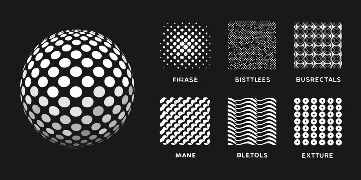 Halftone sphere and patterned rectangles on black background