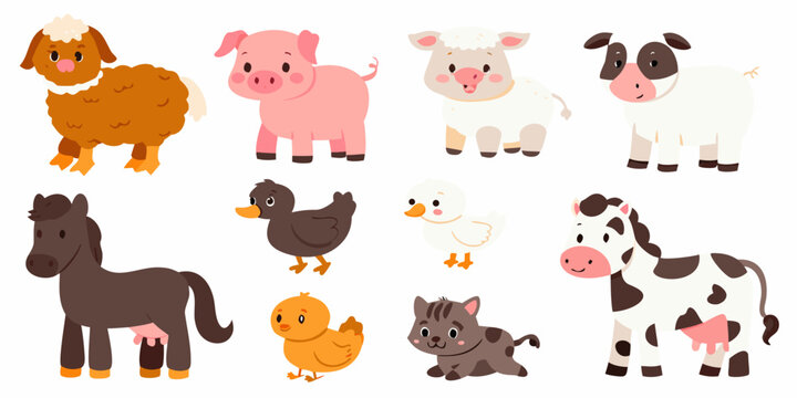 Cartoon Farm Animals And Pets Colorful Vector Illustration