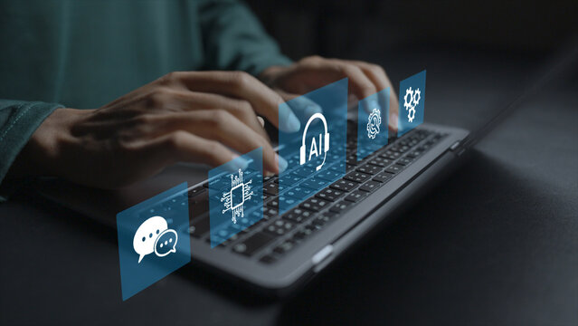 Customer service support powered by artificial intelligence. Person using laptop with AI chatbot and customer support icons, automated assistance, intelligent service and enhanced customer experience