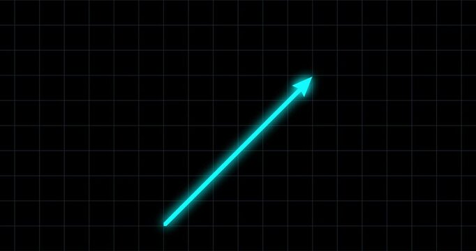Chart arrow blue glow constant shape goes up on black grid. Graph 45 degree rectilinear steady rising fast with background business cartoon animation economy metaphor.
