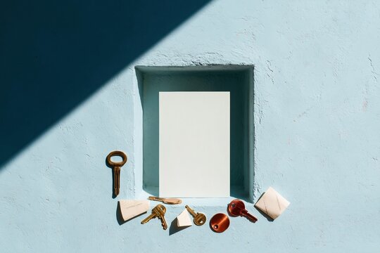 Blank vertical poster mockup in a blue plaster wall niche with house keys and paper scraps under sharp sunlight for real estate and mortgage branding