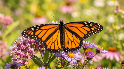 Obraz premium Monarch butterfly resting on purple wildflowers in a sunny garden with soft natural lighting
