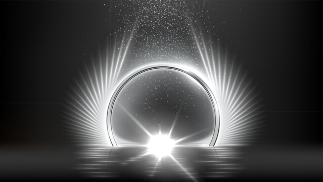 Silver white light arch. Shiny arc with radiant beams,flare in center and falling sparkles above glossy reflection on dark background. Luxurious festive vector illustration.