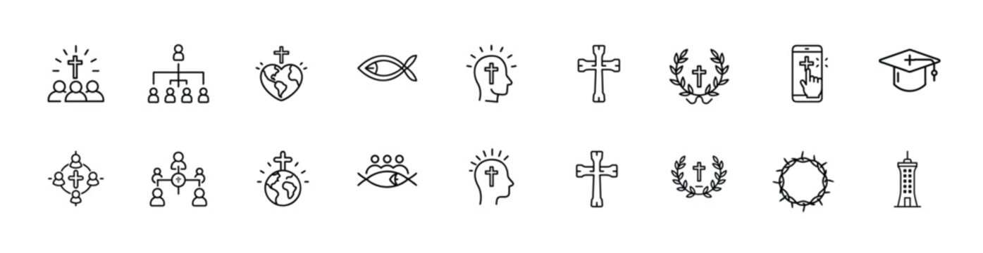 Christian religion and church line icons set with jesus cross, ichthys fish, smartphone bible app, crown of thorns & more vector illustration with editable stroke.