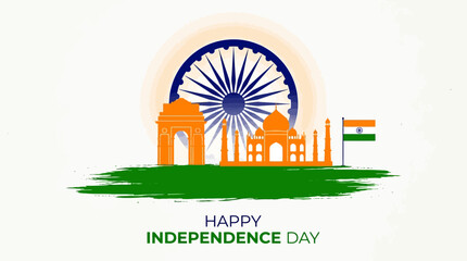 Indian Independence Day vector illustration, Happy Independence Day greeting with Taj Mahal and India Gate, national tricolor flag and Ashoka Chakra © SiyamolHasan