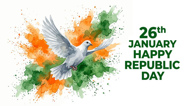 Watercolor Happy Republic Day 26th January vector illustration, white dove of peace with tricolor orange and green paint splashes, patriotic Indian holiday banner