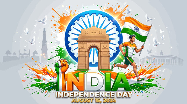 India Independence Day August 15 celebration vector, patriotic Indian national holiday banner with India Gate and flag, tricolor splash background