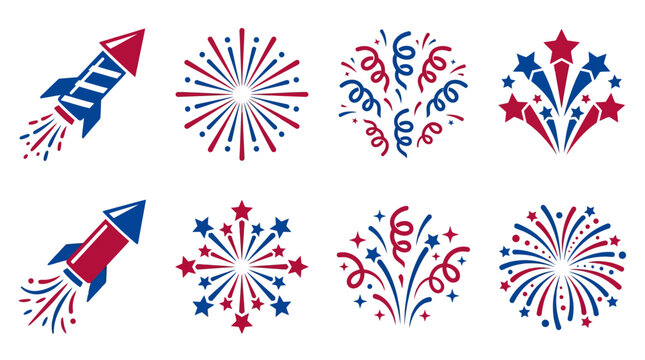 Patriotic fireworks and rocket icons set, red white and blue firework bursts vector, 8 festive celebration elements for independence day
