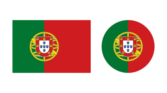 Portugal national flag vector set, official Portuguese flag in rectangular and circular shapes, green and red banner with coat of arms for travel and news