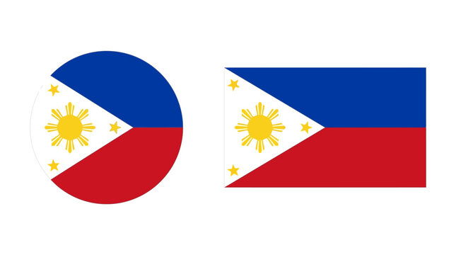 Philippines flag vector set, national Filipino flag in circle and rectangle shapes, blue red and white patriotic symbols with golden sun and stars