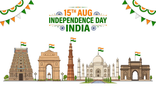 India Independence Day vector banner with 15th Aug text, Indian landmarks skyline with national flags, tricolor bunting celebration background