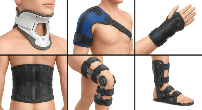 Detailed medical illustration set of orthopedic braces and rehabilitation supports isolated on white background.