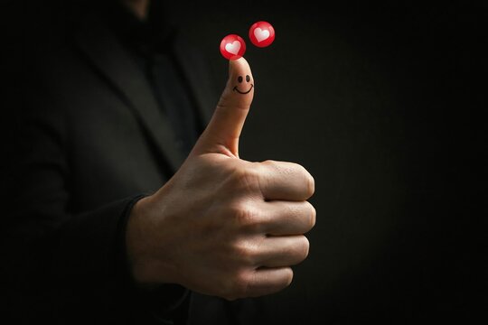 Hand with a smiley face drawn on thumb giving a thumbs up with floating heart icons