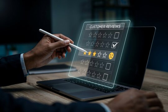 Person using a stylus to select a three star rating on a virtual customer review interface