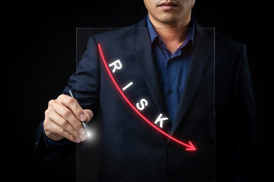 Professional businessman drawing a red downward arrow to represent business risk reduction