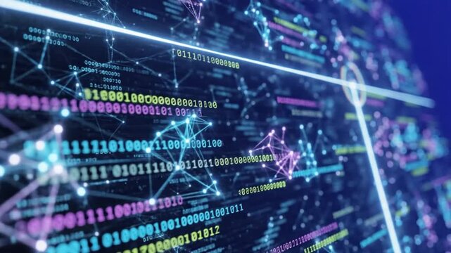 Futuristic abstract digital data visualization with binary code lines and connected points and light on a blue background