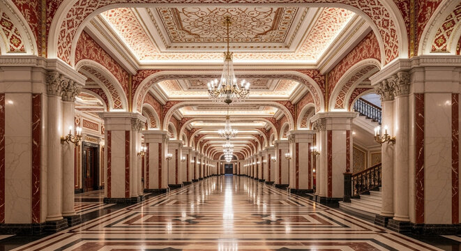 Luxurious grand hall with marble columns and ornate arched ceilings inside a historic royal palace building.