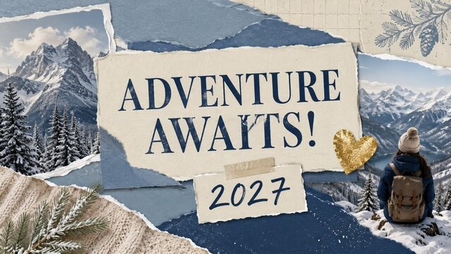 2027 Christmas and New Year copy space banner featuring blue torn paper adventure collage, snowy mountains, traveler, gold heart and pine for winter travel goals, ski resorts and mindful trip planners