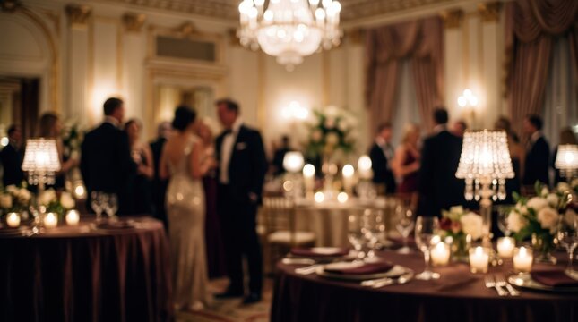 Elegant formal gala dinner ballroom event blurred background luxury party celebration banquet wedding reception black tie affair sophisticated evening