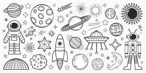 Space themed Vector Illustration With Planets Astronauts And Rockets © Suvro