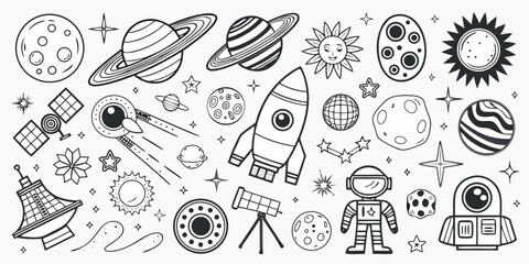 Space and astronomy themed doodle illustration with planets rockets and stars © Suvro
