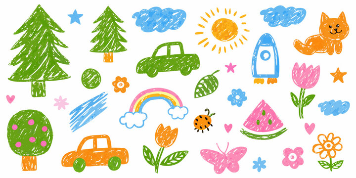 Children s Hand drawn Doodles Of Nature And Objects Crayon Style