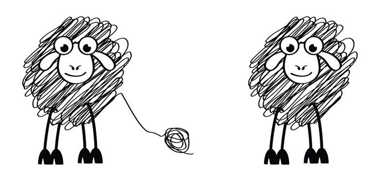 Cartoon, comic cute black and white sheep stickman and ball of wool. sheep icon. Drawing black sheep lamb sign or pictogram. Stick figure character. Happy animal face.