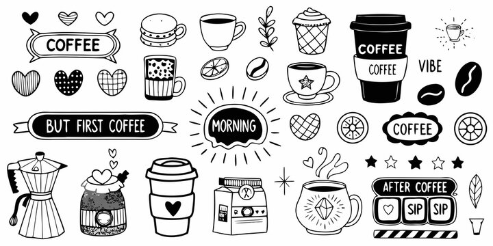 Coffee themed illustrations and lettering in black and white line style