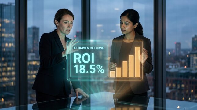 Confident businesswomen presenting holographic return on investment data in dark office
