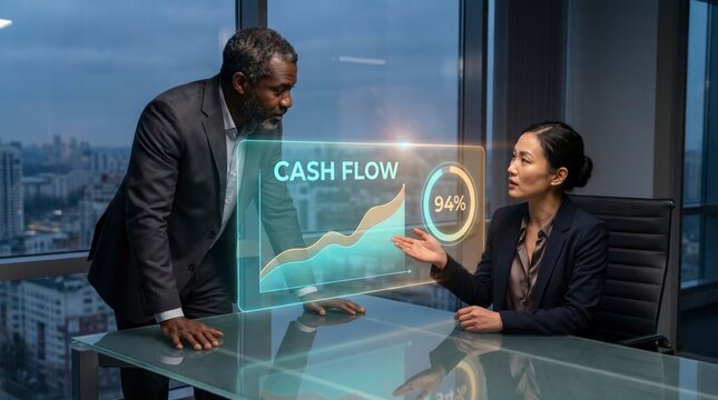 Executives reviewing holographic cash flow chart at a glass table in dark modern office